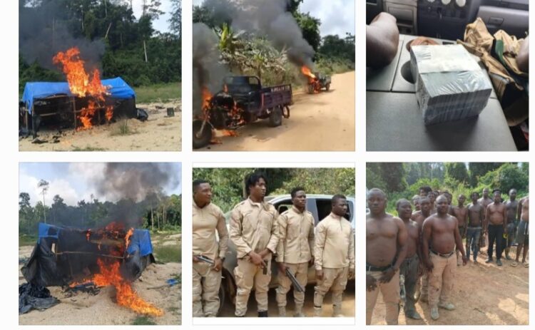 NAIMOS Storms Oda Forest Reserve in Ashanti Region, Arrests Armed illegal Mining Thugs, Seizes Bribery Monies and Destroy Several Makeshift Structures and Mining Equipment.